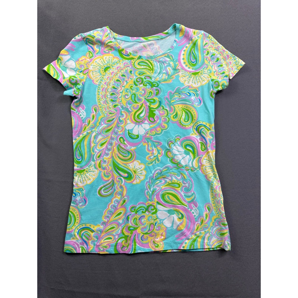 Lilly Pulitzer Women Small Paisley Print Short Sleeve Tee Blue Green Pink Multi